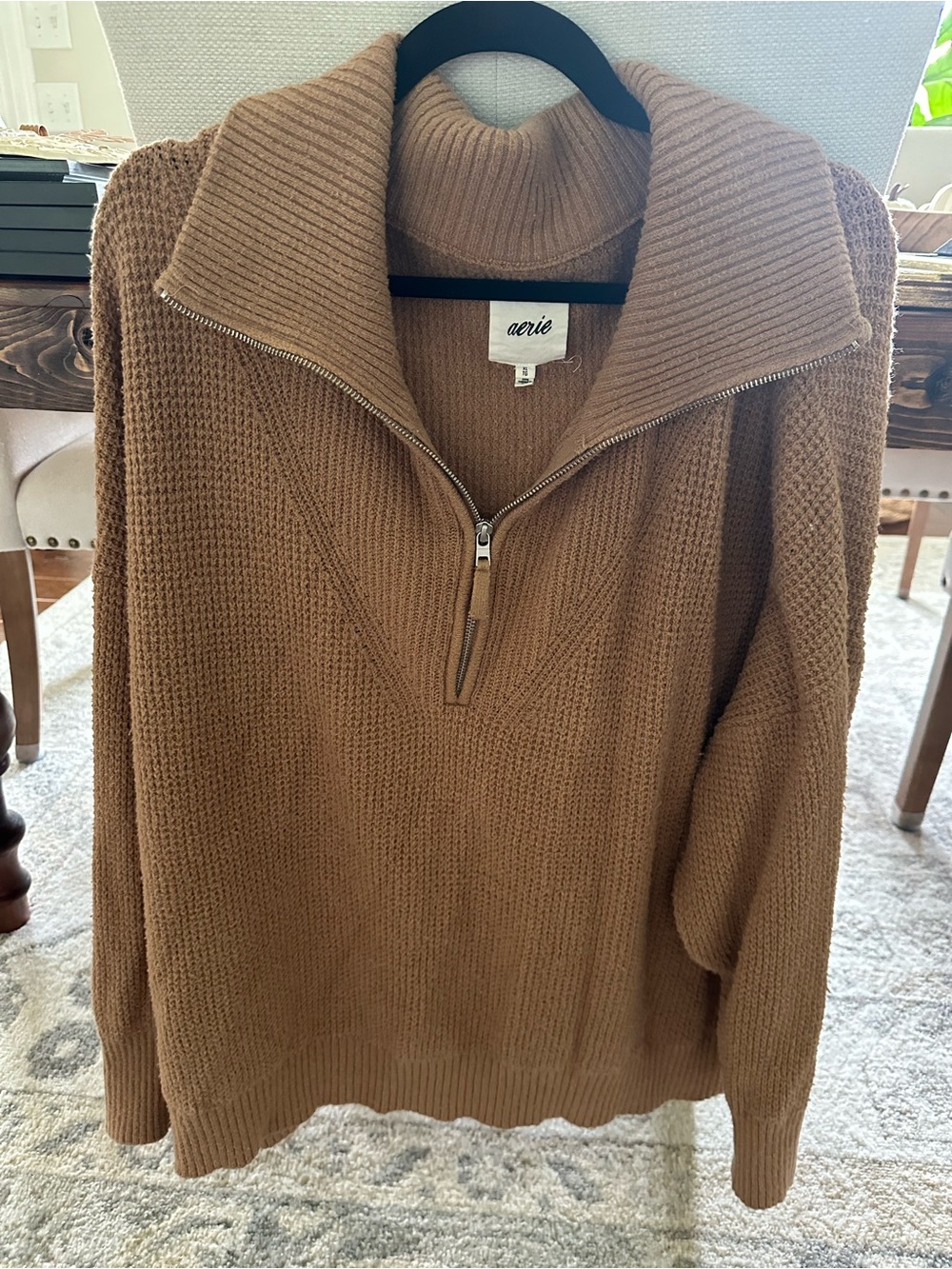 aerie Brown Ribbed Half-Zip Turtleneck Sweater